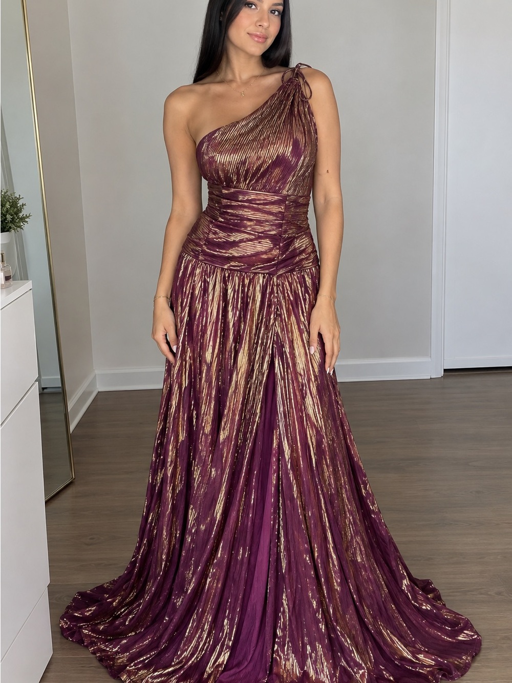 One-Shoulder Metallic Plum Evening Gown